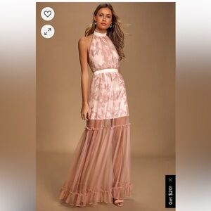 Blush embroidered halter formal dress
